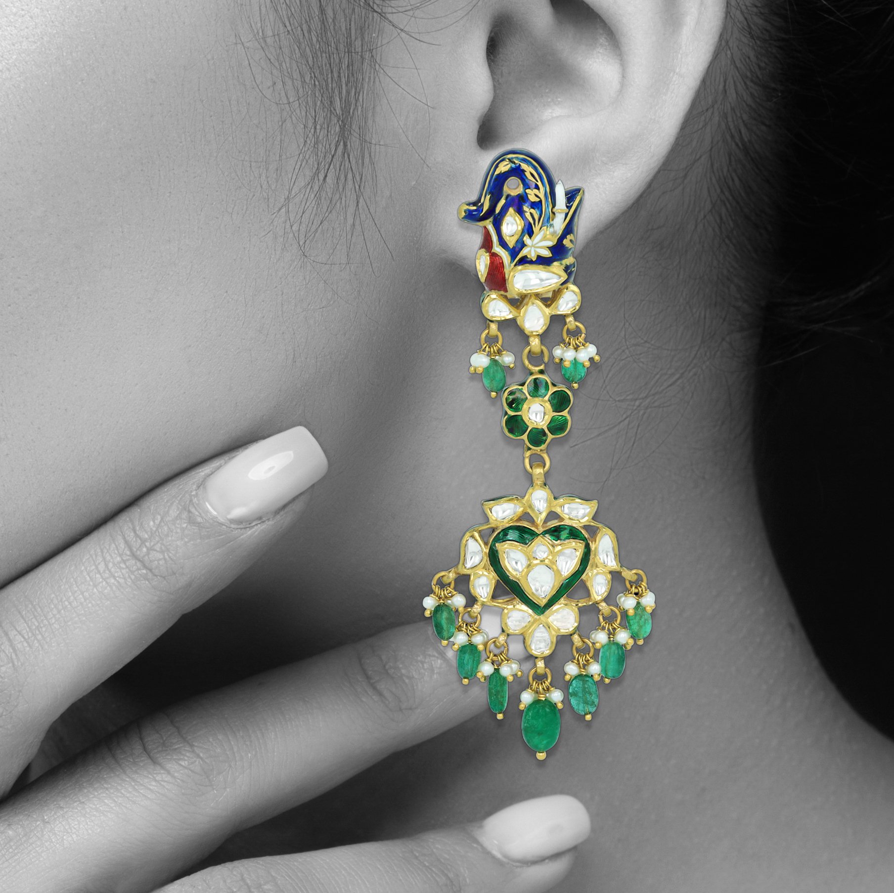 Earrings with Blue Enamel, Polki, and Emerald Drops